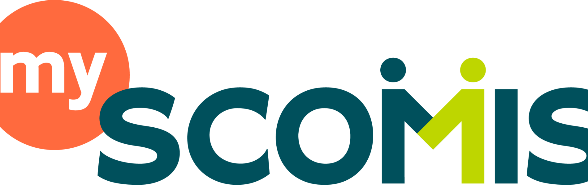 Logo for 'myScomis' comprising a coral coloured circle with the word 'my' inside, joined to the main Scomis logo in caps in dark green with the 'M' forming two figures shaking hands.
