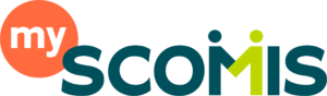 Logo for 'myScomis' comprising a coral coloured circle with the word 'my' inside, joined to the main Scomis logo in caps in dark green with the 'M' forming two figures shaking hands.