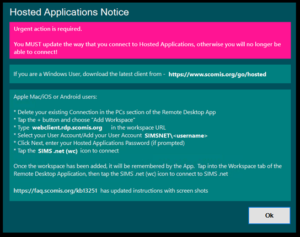 Hosted Application Service Update notice Screenshot