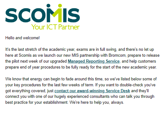 Screenshot of 8th June Scomis Newsletter