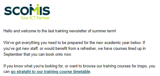 Screenshot of intro to Training NEwsletter from the 14th July
