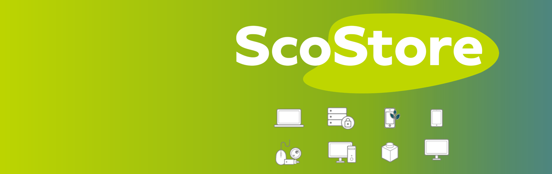 Banner for ScoStore with icons below logo